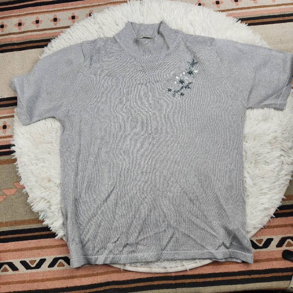 Vintage Silver Mockneck Sweater Short Sleeve CANDA Sequin Floral Embellishment E